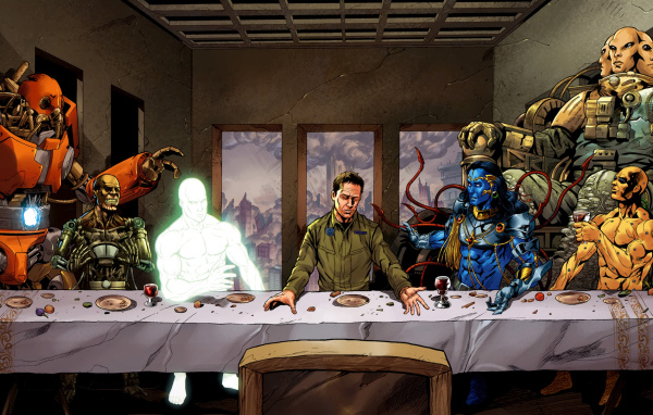 Человек обедает с роботами