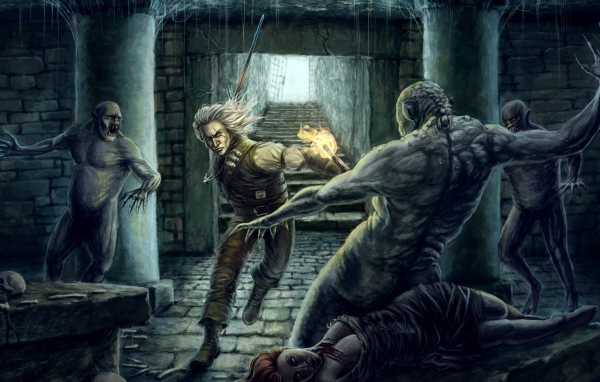 Человек с факелом против монстров