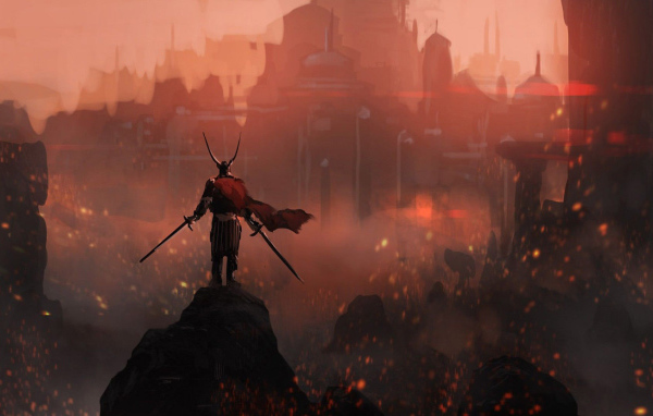 Викинг на фоне горящего города