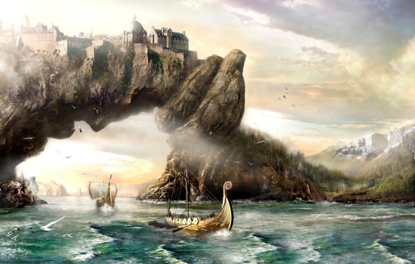 Викинги у скалы