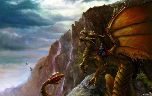 Воин сидит на драконе