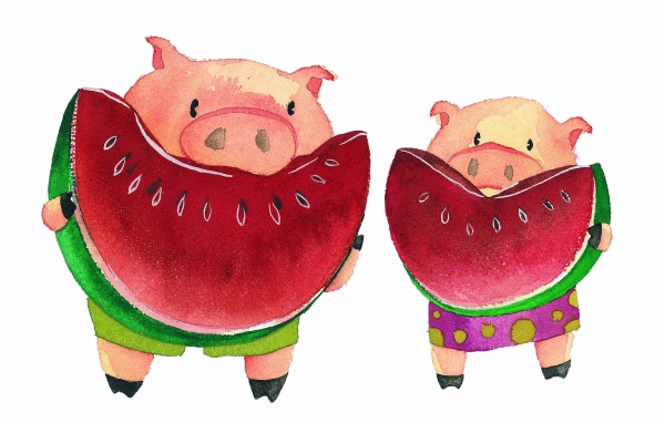 Piglets with watermelons