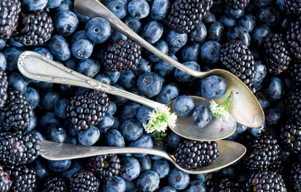 Spoon blueberries and blackberries