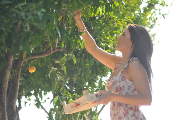 Девушка собирает фрукты