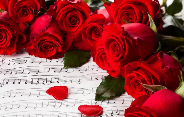 Красные розы на 8 марта на фоне нот