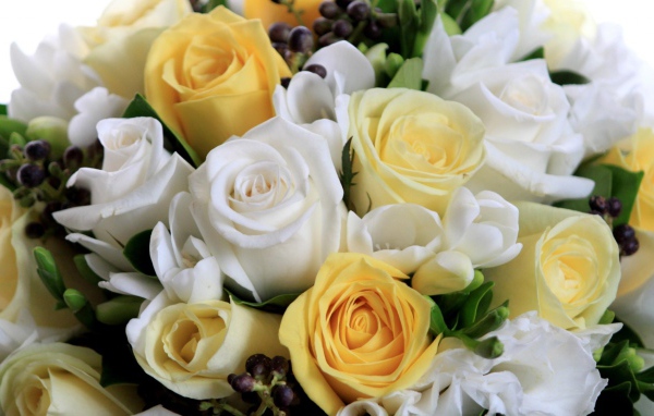 Белые и жёлтые розы в букете на восьмое марта