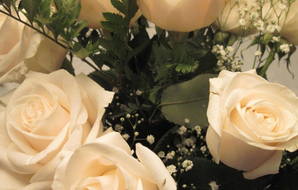 Белые розы в букете женщинам на восьмое марта