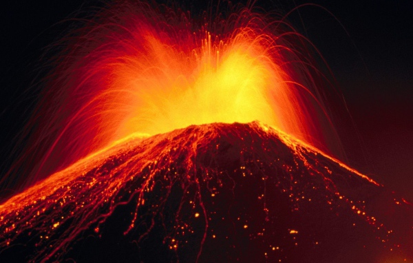 	  The eruption of the volcano with lava spray