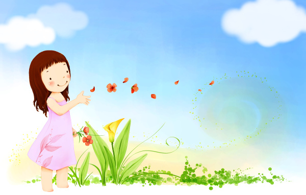 Девочка пускает лепестки по ветру