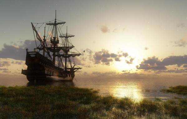 Старинный корабль у берега