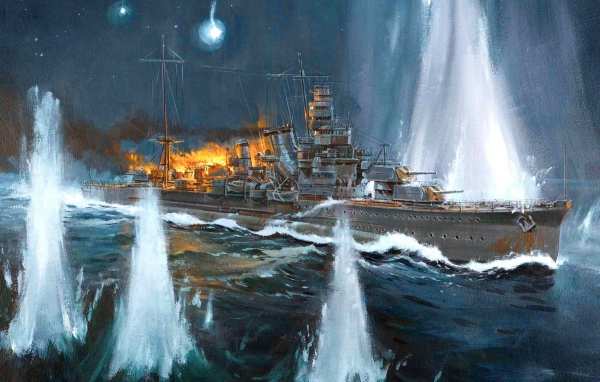 Горящий корабль в фонтанах