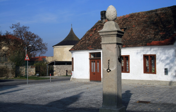 Каменный столб на улице в городе Гайнберг, Австрия