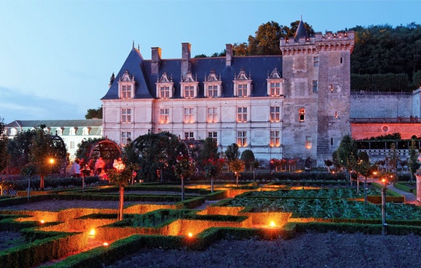 Evening lights in the castle in the Loire, France