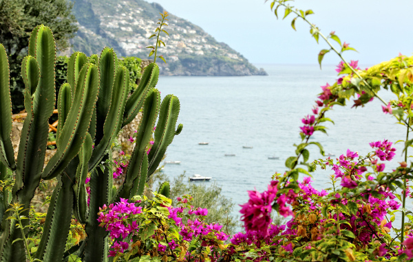 Вид со склона горы на залив на курорте Позитано, Италия