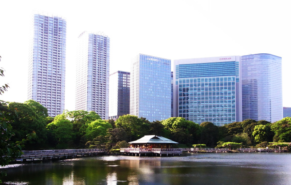 Озеро на фоне зданий в Токио