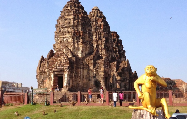 Золотая обезьяна на фоне храма на курорте Лопбури, Таиланд