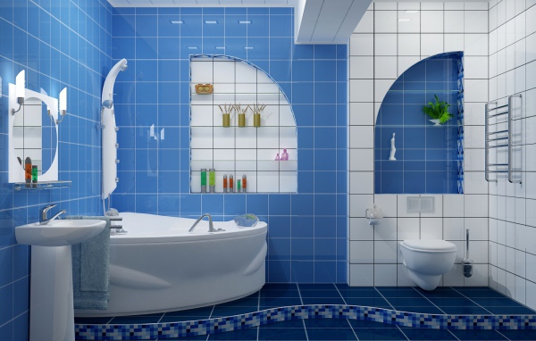 Blue and white tiles in the bathroom