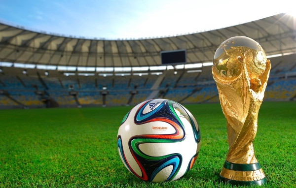 Кубок и мяч Чемпионата Мира по футболу в Бразилии 2014 на поле