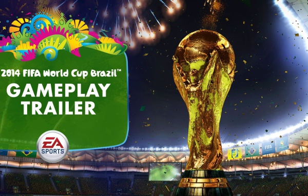 Кубок на фоне стадиона Чемпионата Мира по футболу в Бразилии 2014