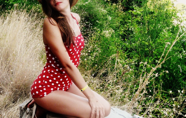 Girl in a red bathing suit