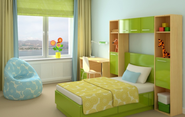 Зеленая кровать в детской комнате