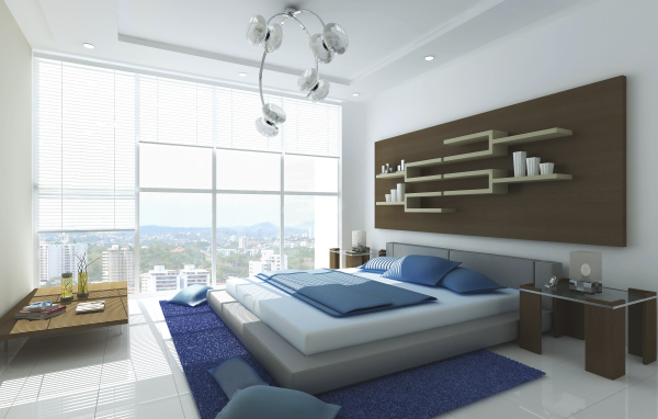 Полки на стене в спальне