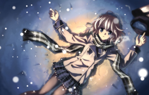 Аниме девушка Тацуя Юкки лежит на снегу