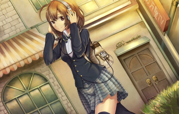 Аниме девушка в наушниках с рюкзаком