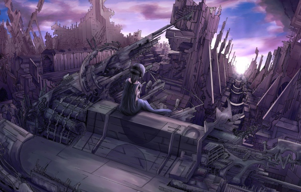 Девушка аниме смотрит на руины города