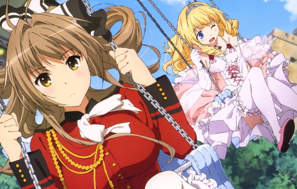 Девушки аниме на качелях в бриллиантовом парке