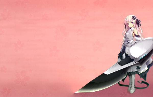 Аниме девушка с оружием, розовый фон