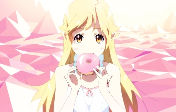 Светловолосая девушка аниме ест розовый пончик