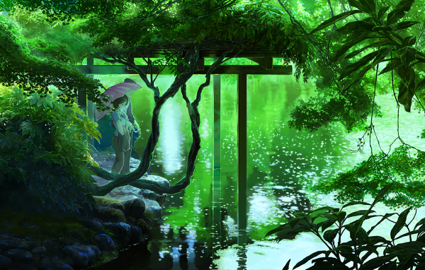 Пара под зонтом на берегу озера