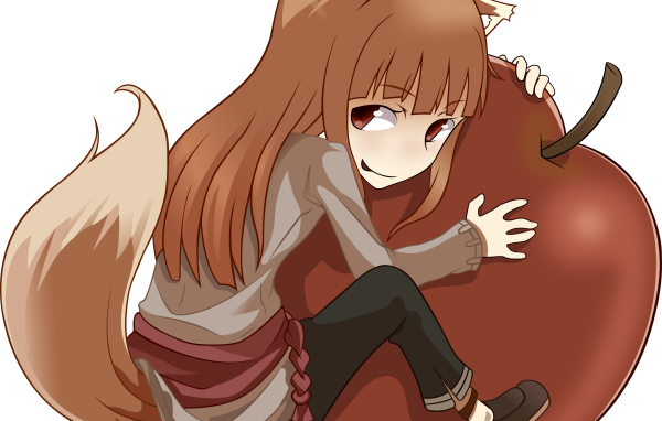 Девушка обнимает яблоко в аниме Волчица и пряности