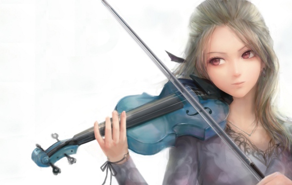 Девушка играет на голубой скрипке, рисунок