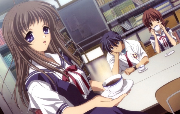 Девушка несет чай в аниме Кланнад