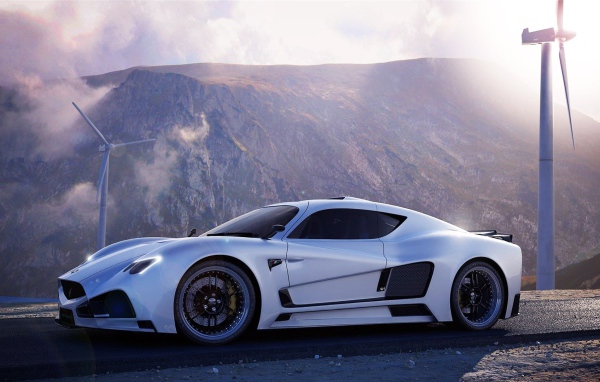 Авто Mazzanti Evantra V8 на фоне ветряков