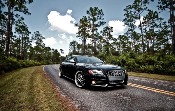 Роскошный черный Audi S5 на шоссе в лесу