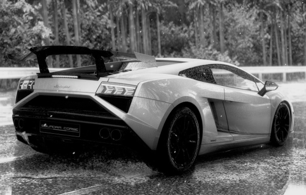 Черно белое фото Ламборгини под дождем