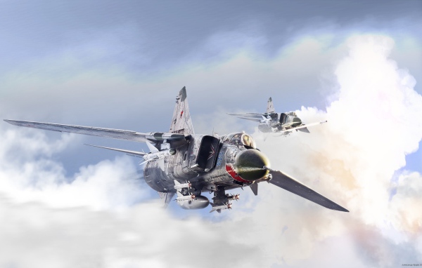 Два истребителя Миг-23 в облаках