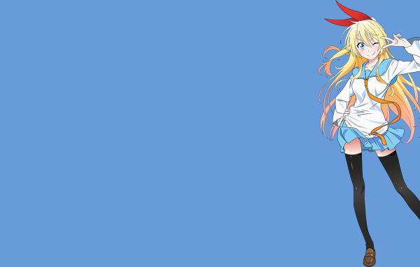 Аниме девушка подмигивает, голубой фон