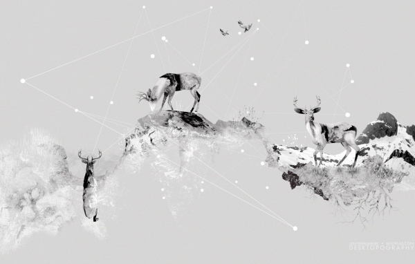 Олени в горах, серый фон