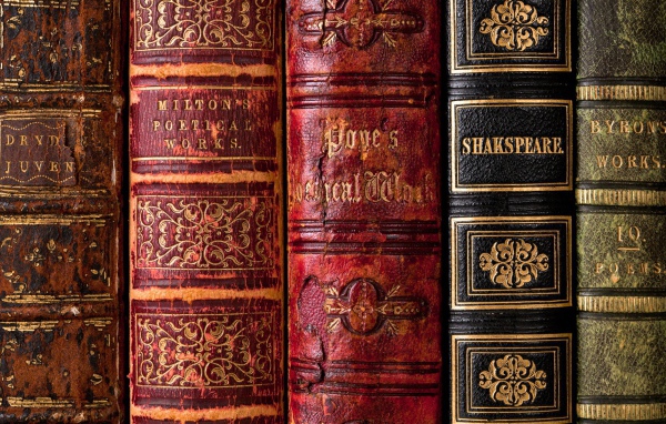 Корешки старых книг на полке библиотеки