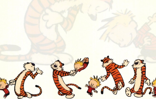 Мальчик играет с тигром в комиксе Кельвин и Хоббс