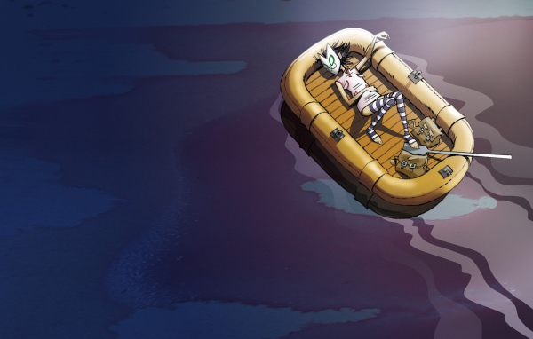 Человек в маске спит в надувной лодке, мультфильм