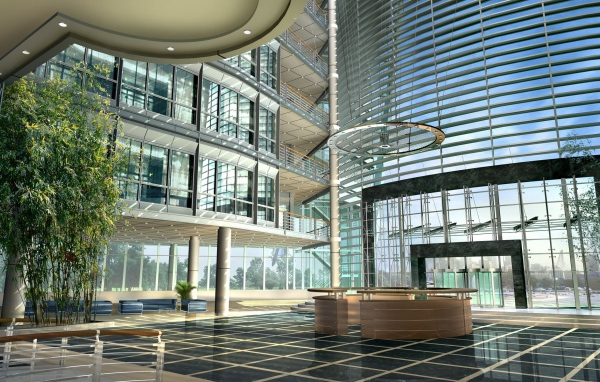 Интерьер холла стеклянного здания