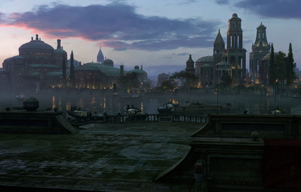 Крыша здания в вечернем городе