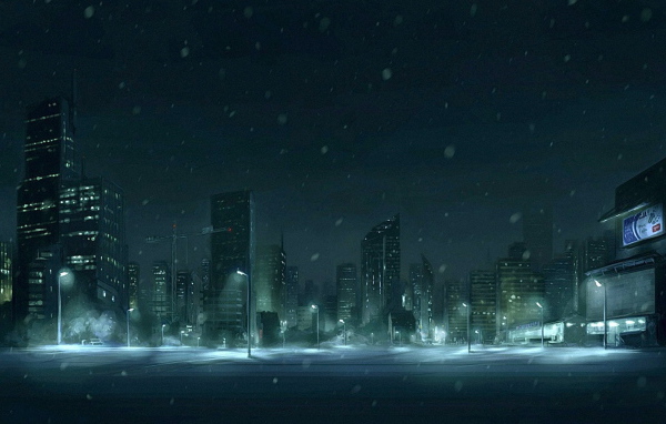 Снег в ночном городе