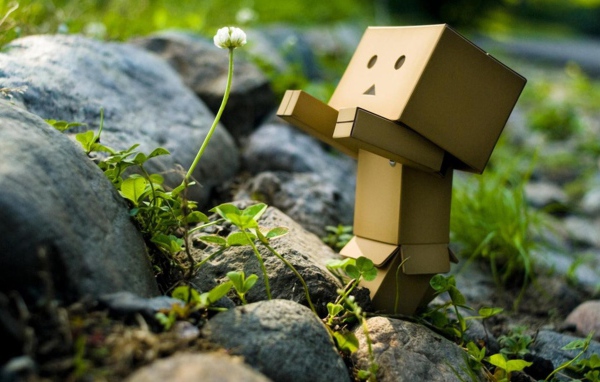 Картонный человечек радуется цветку