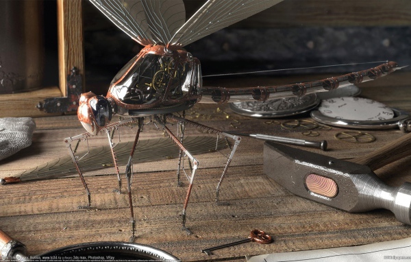 Механическая стрекоза в мастерской